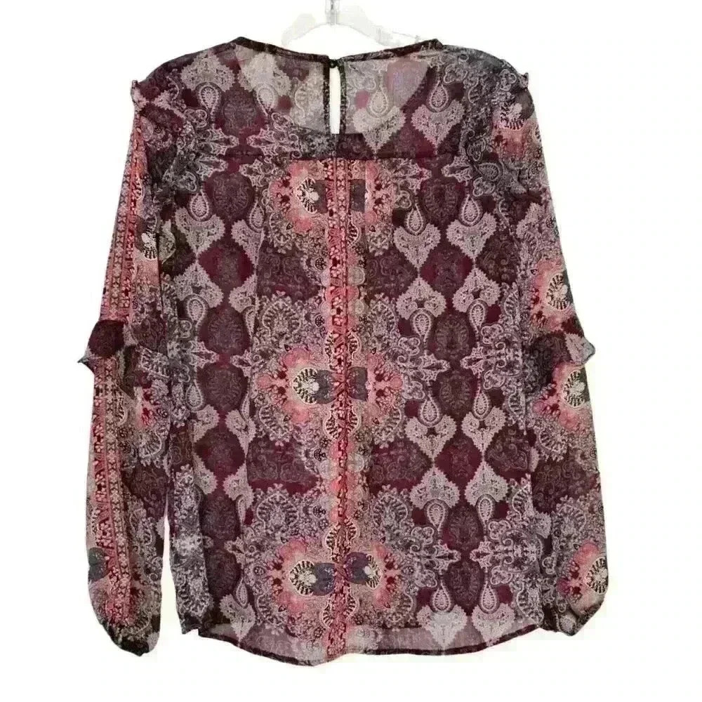 Knox Rose size XS top boho sheer ruffled paisley maroon long sleeve